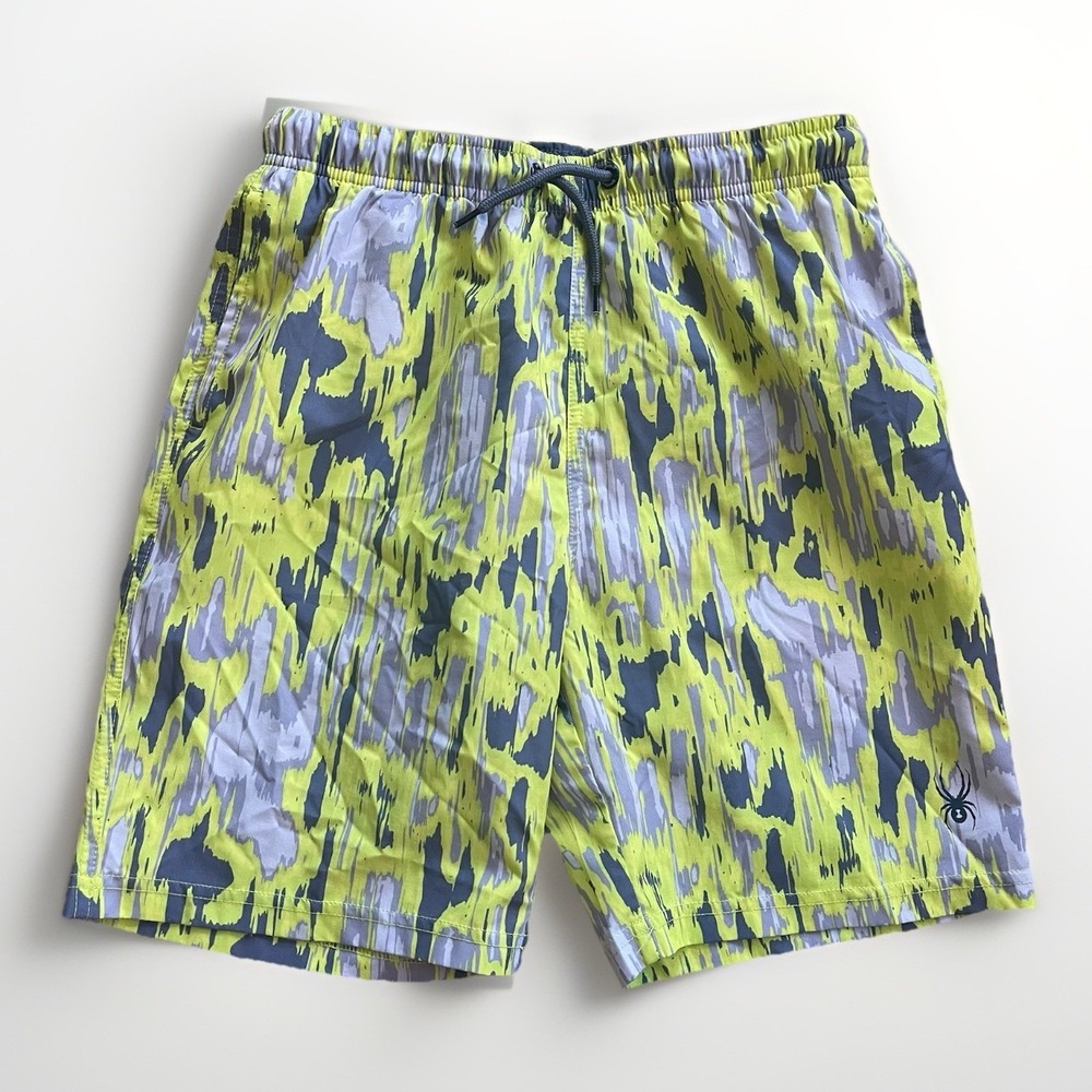 Spyder Boys Swim Trunks Medium (10/12) Bright Yellow Pattern Lined Pockets EUC